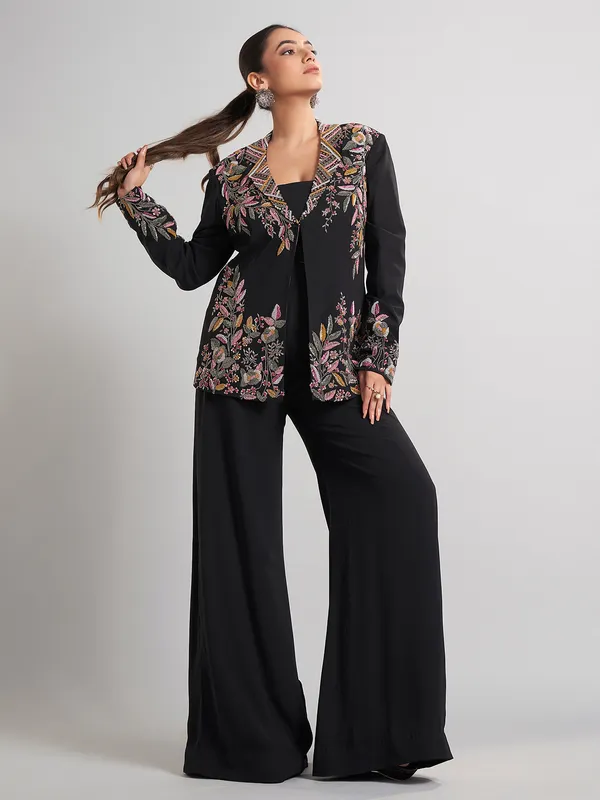 Black jacket style terry rayon palazzo suit
