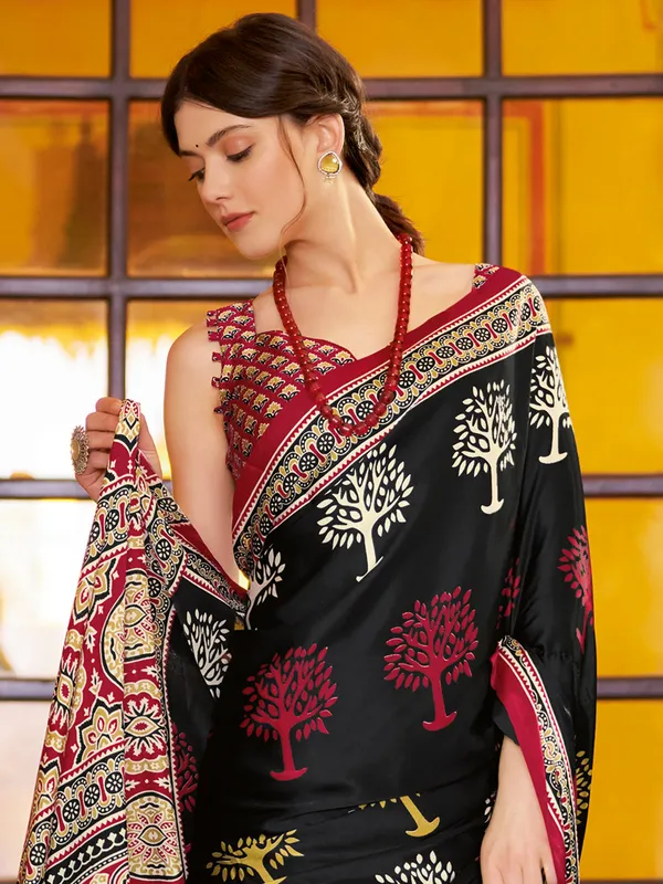 Black japan silk saree with ajrakh print