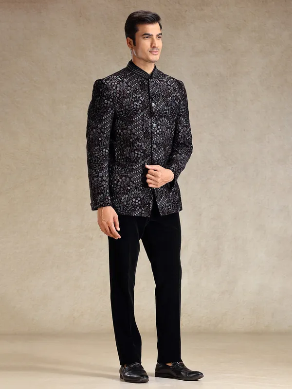 Black jodhpuri suit in multi color embroidery