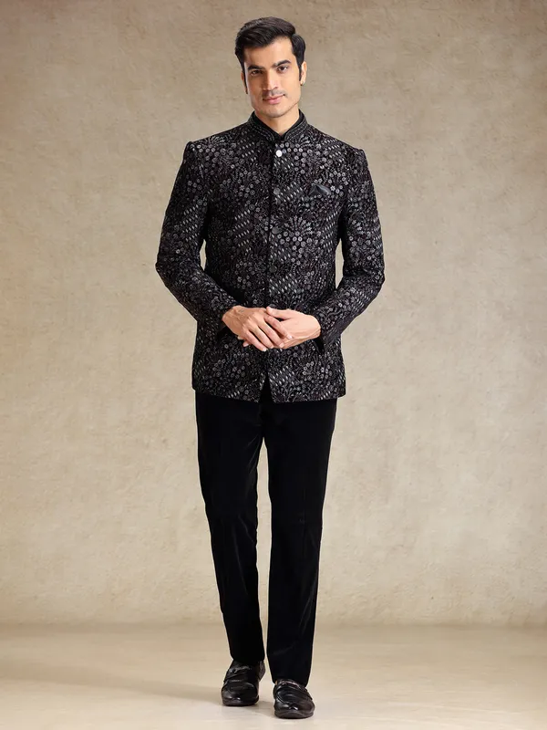 Black jodhpuri suit in multi color embroidery