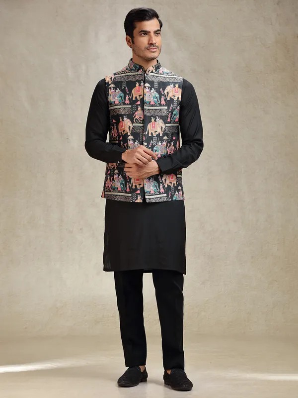 Black kurta jacket jacquard silk printed set