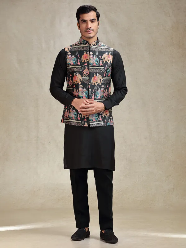 Black kurta jacket jacquard silk printed set