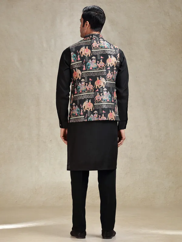 Black kurta jacket jacquard silk printed set