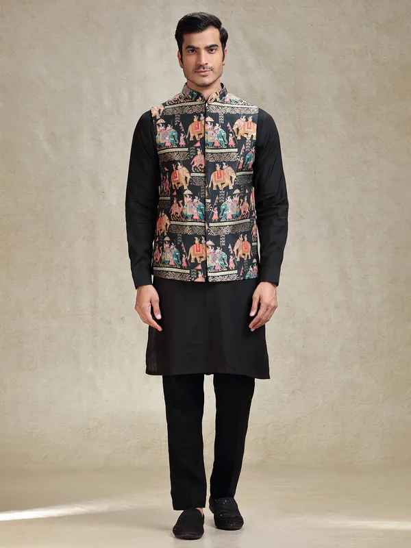 Black kurta jacket jacquard silk printed set