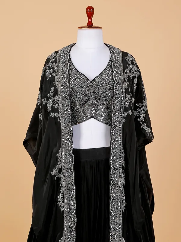 Black lehenga choli in satin with shrug