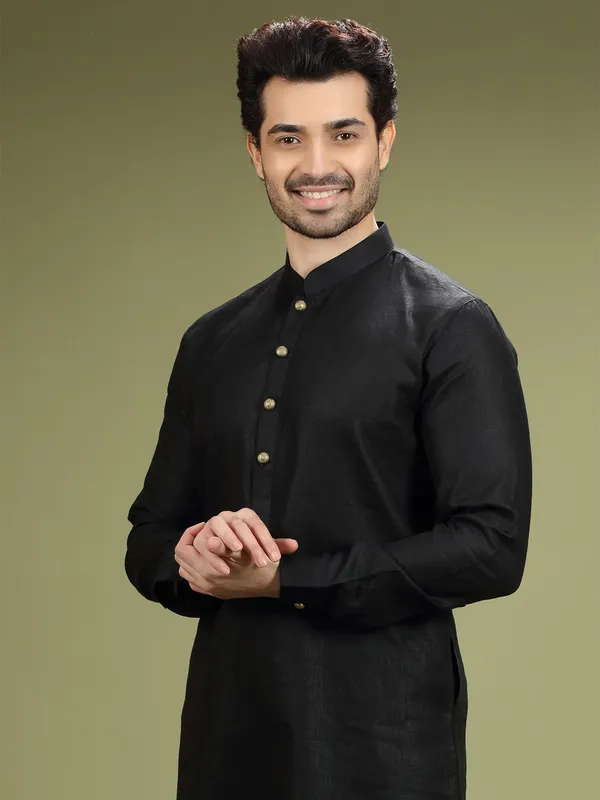 Black linen plain  Men Kurta pajama