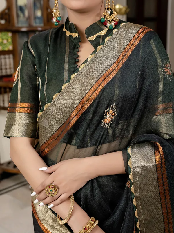 Black linen saree with traditional zari weaving