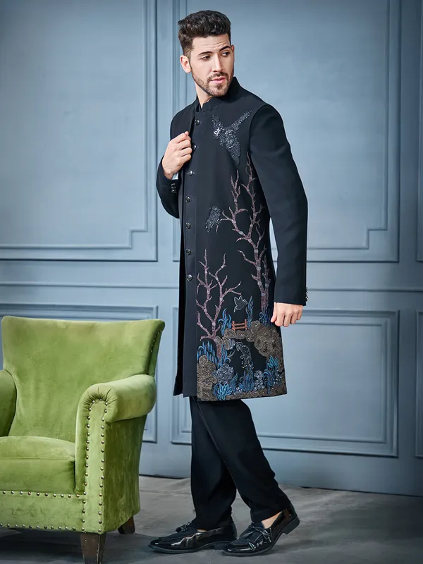 Black long open indo jacket set for mens ethnic look