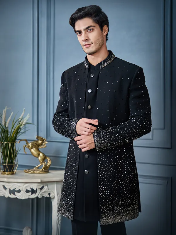Black long open indo jacket set with dupatta