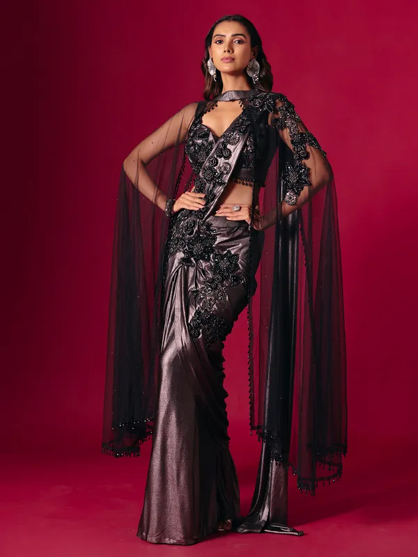 Black lycra designer saree for party wear