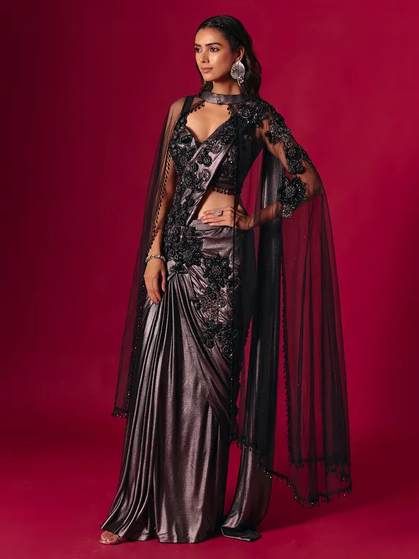Black lycra designer saree for party wear
