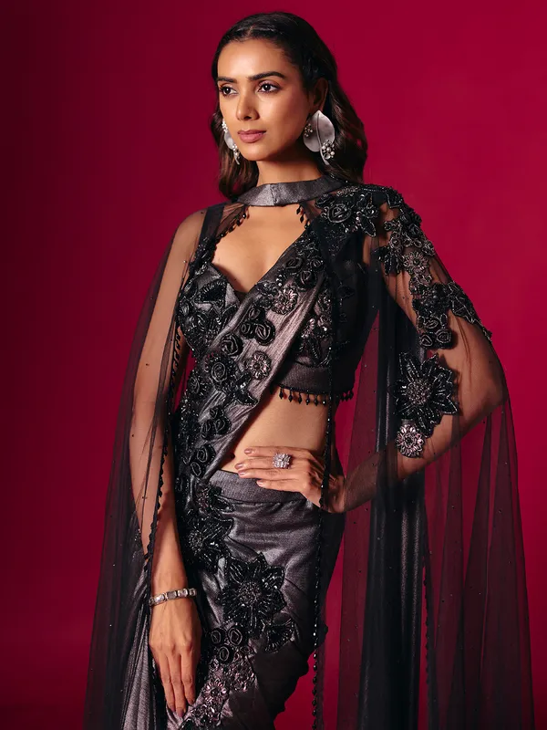 Black lycra designer saree for party wear