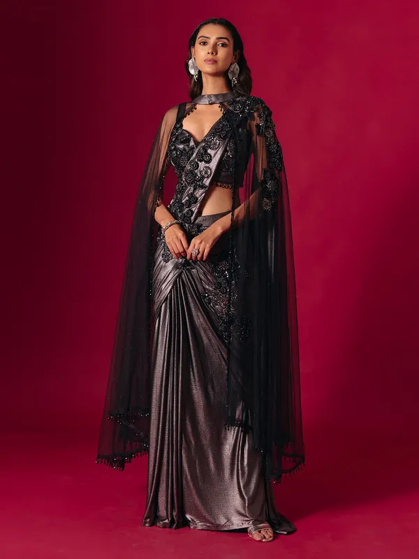 Black lycra designer saree for party wear