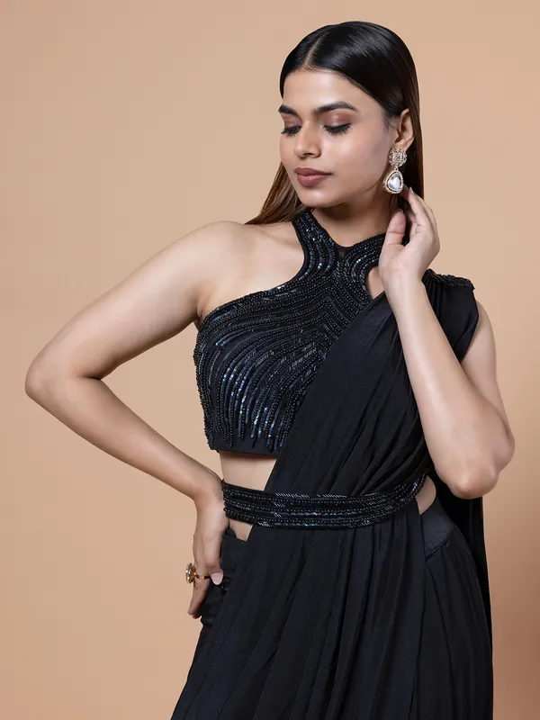 Black lycra pre draped saree