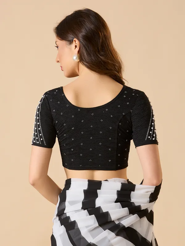 Black lycra ready made blouse with swarovski and pearl detailing