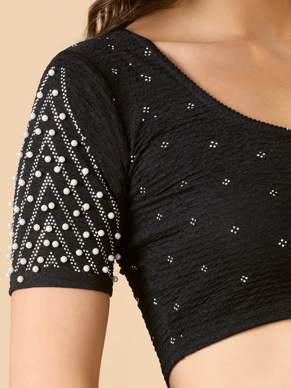 Black lycra ready made blouse with swarovski and pearl detailing