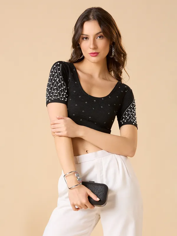Black lycra ready made blouse with swarovski and pearl detailing