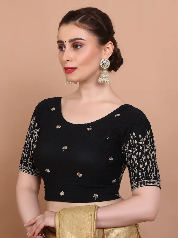 Black lycra strechable embroidered ready made blouse