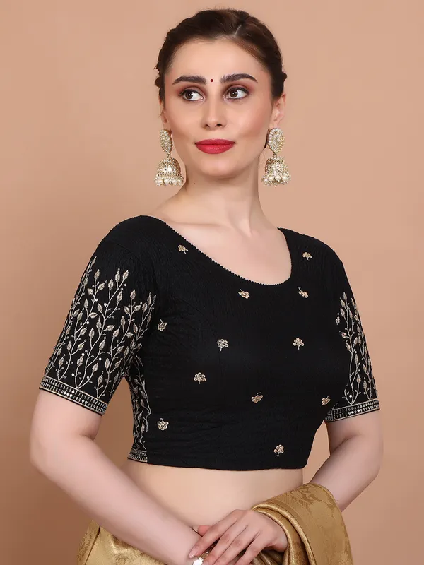 Black lycra strechable embroidered ready made blouse