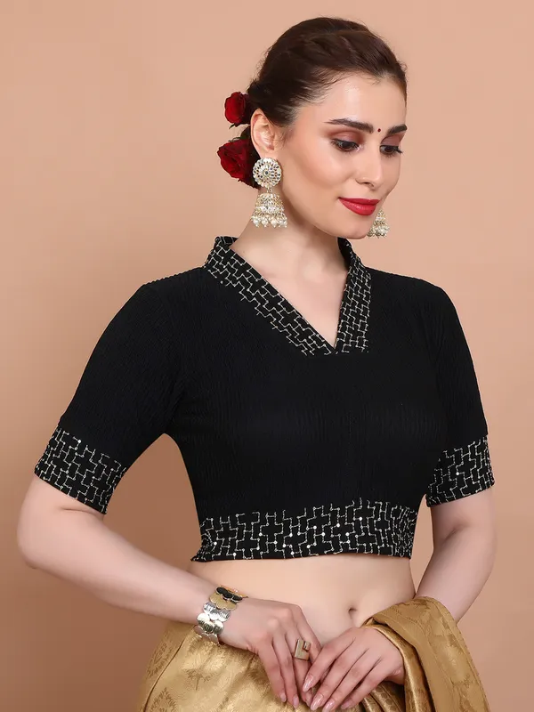 Black lycra strechable made blouse in V neck ready