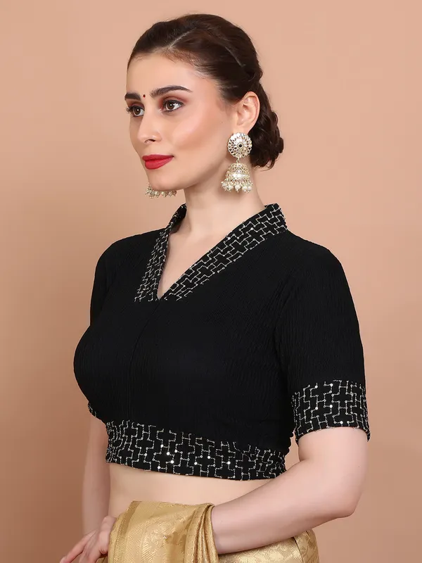 Black lycra strechable made blouse in V neck ready