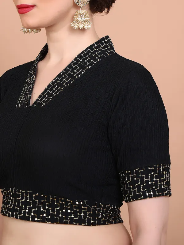 Black lycra strechable made blouse in V neck ready