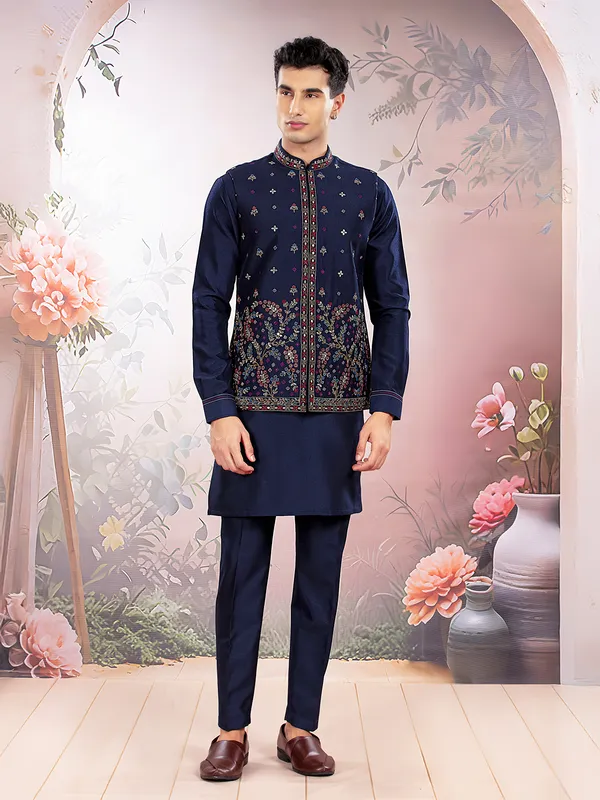 Black mirror worked silk waistcoat set for men