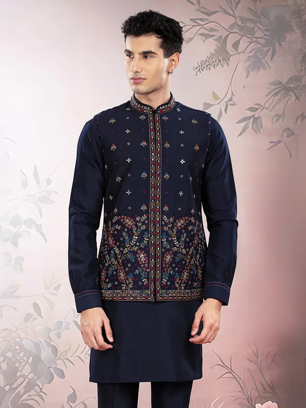 Black mirror worked silk waistcoat set for men