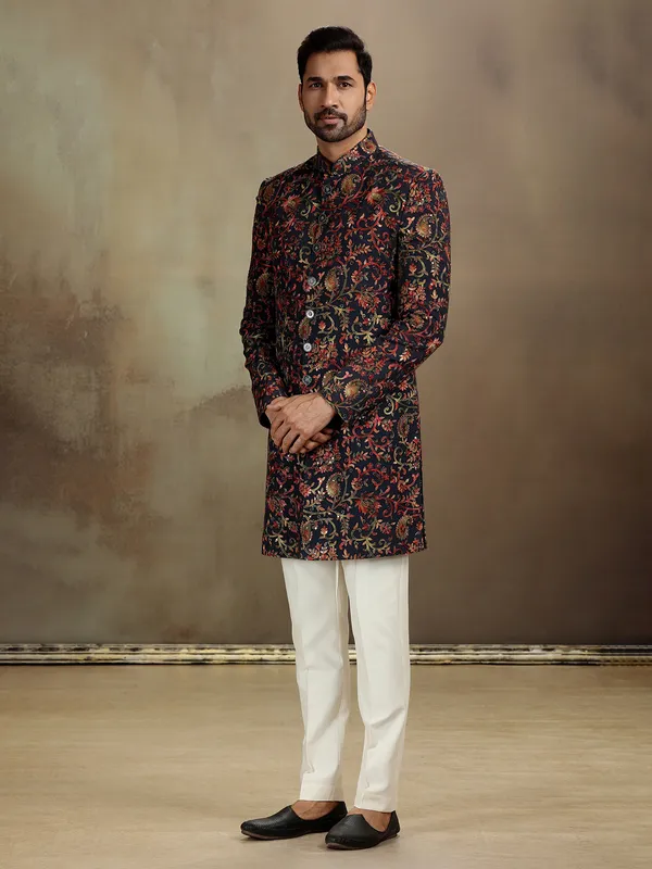 Black modal silk printed indo western pant