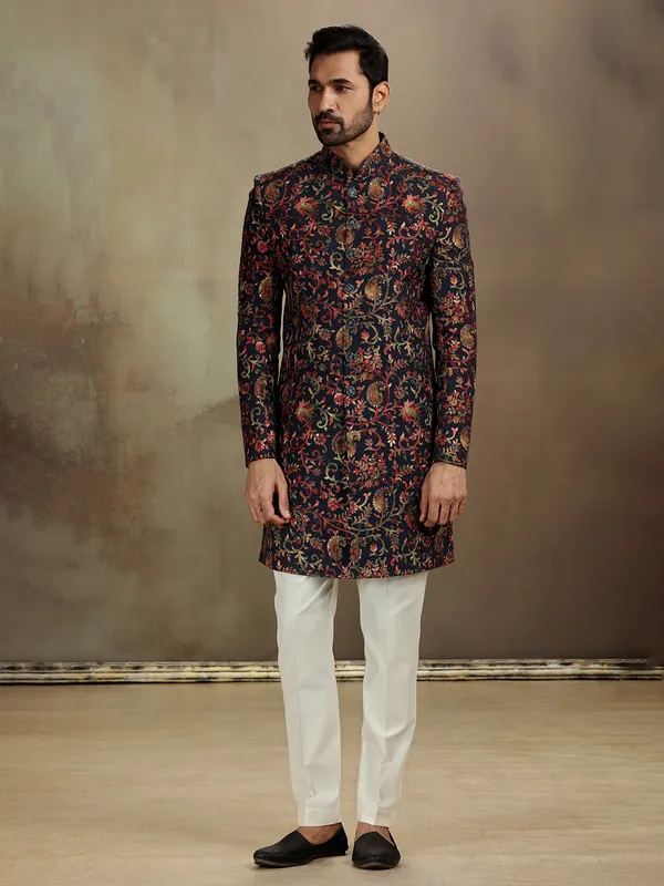 Black modal silk printed indo western pant