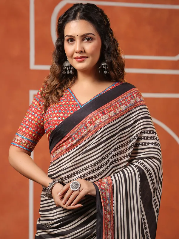 Black muslin printed saree with ready made blouse