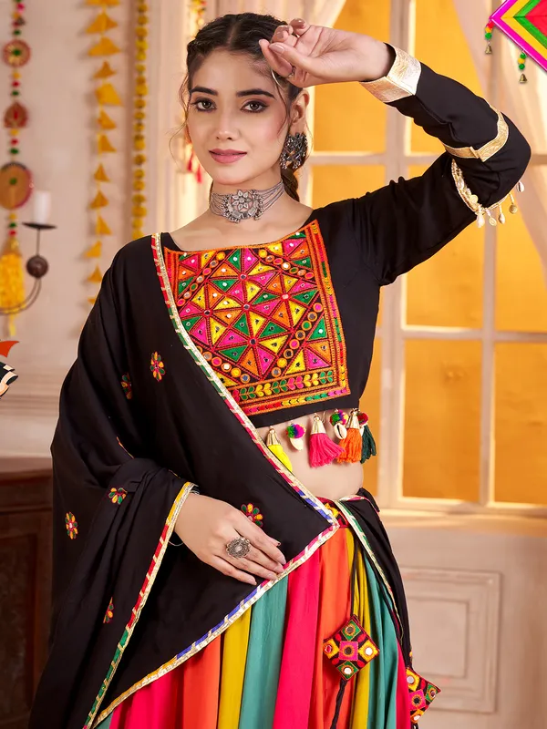 Black navratri chaniya choli with mirror and aabla work
