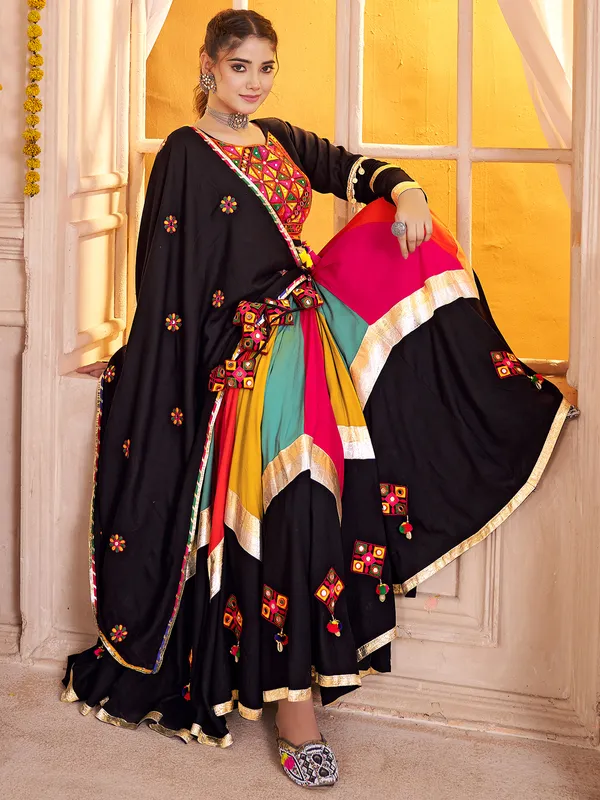 Black navratri chaniya choli with mirror and aabla work
