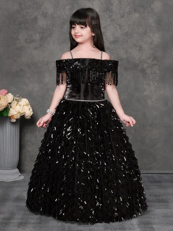 Black net designer gown with cutdana and thread work