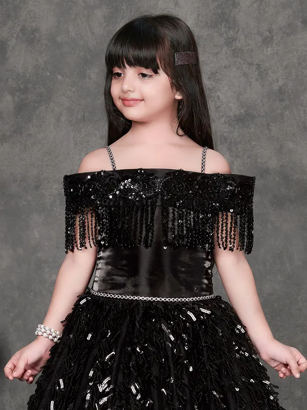 Black net designer gown with cutdana and thread work