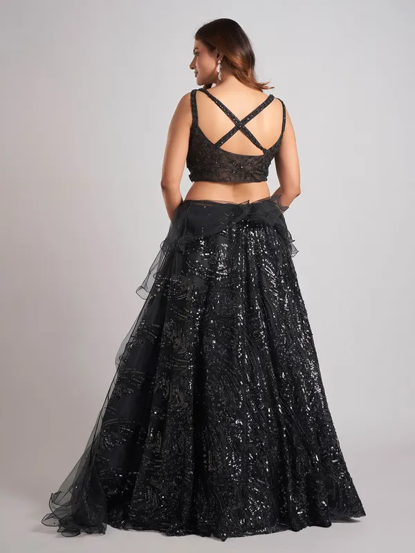 Black net designer lehenga choli with ruffle dupatta