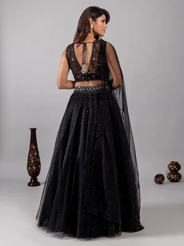 Black net lehenga choli with shimmering mirror accents