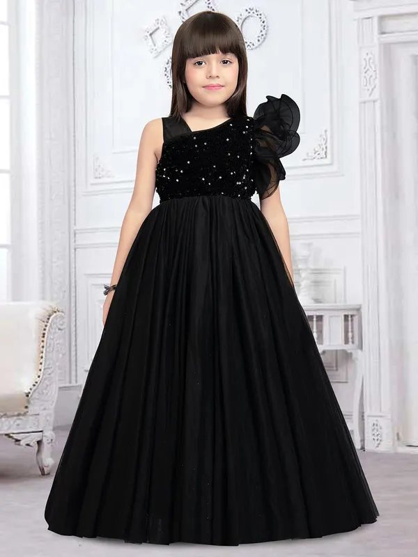 Black net party and reception wear gown for girls