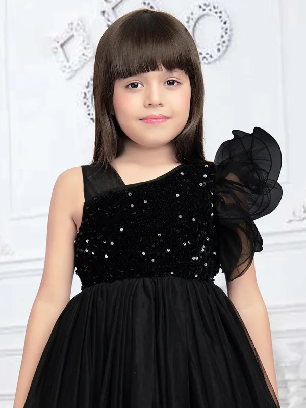 Black net party and reception wear gown for girls