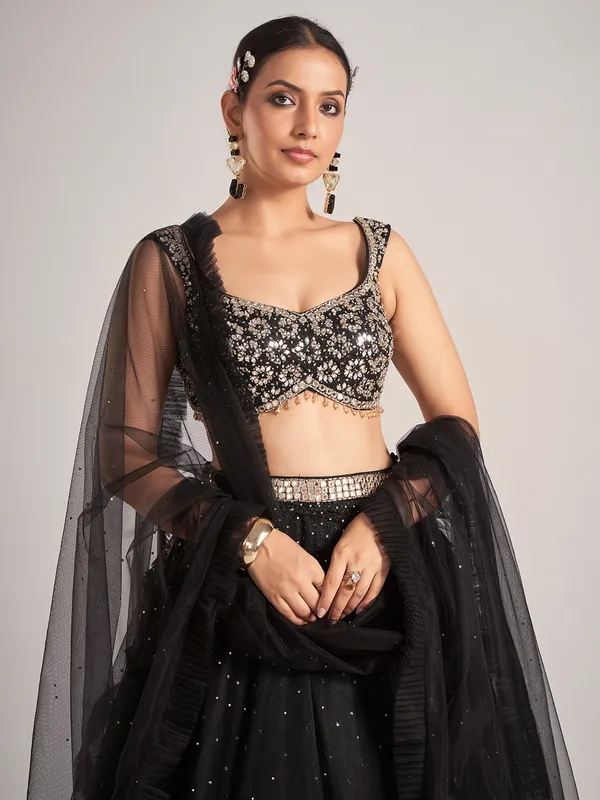 Black net party wear lehenga choli with dupatta