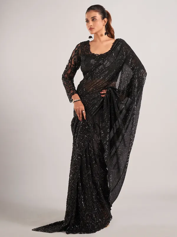 Black net party wear saree with ready-made blouse