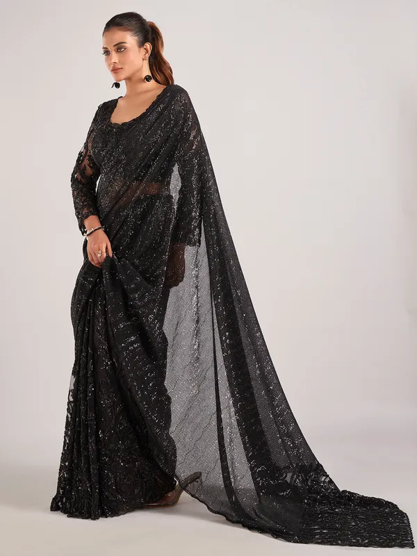 Black net party wear saree with ready-made blouse