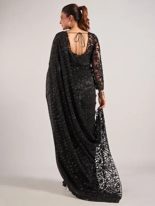 Black net party wear saree with ready-made blouse