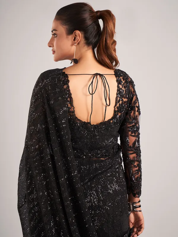 Black net party wear saree with ready-made blouse