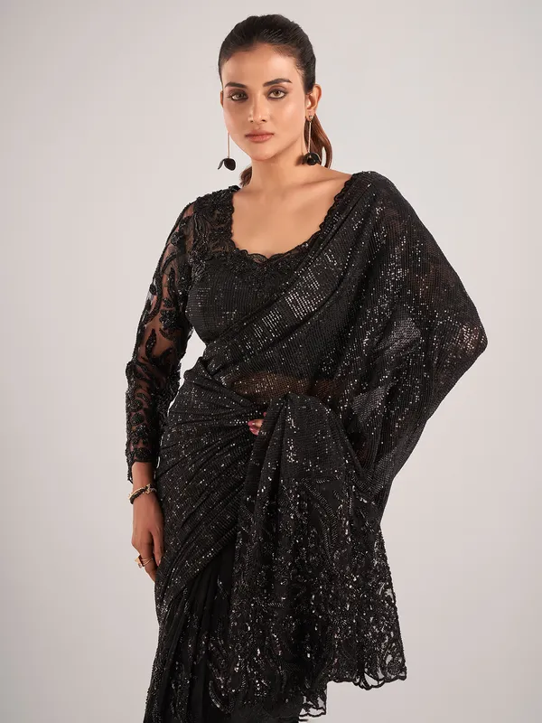Black net party wear saree with ready-made blouse