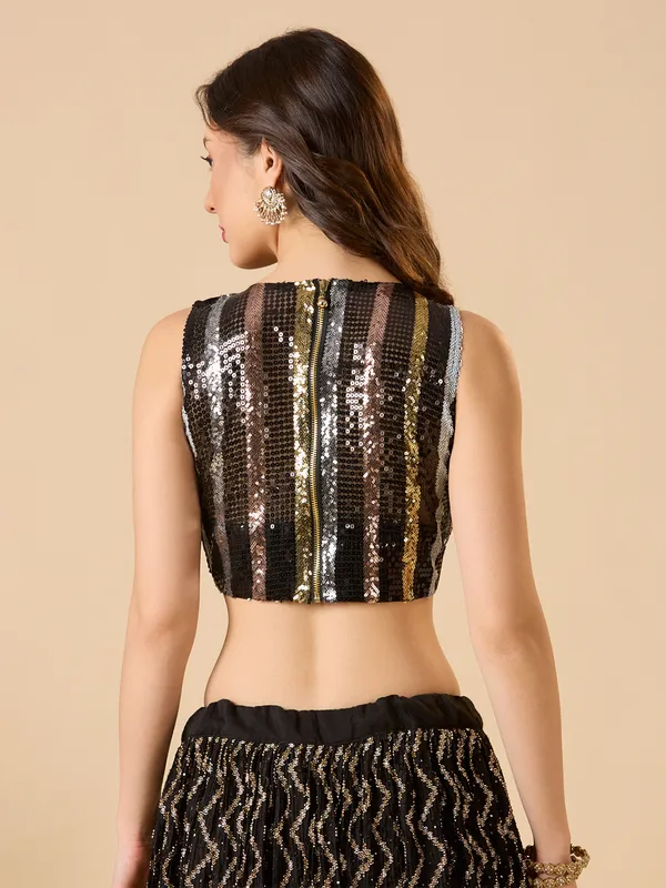 Black net sleeveless ready made blouse with boat neck