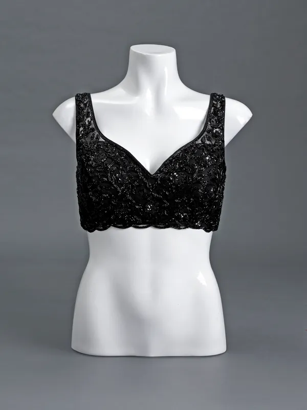 Black net sweetheart sleeveless blouse with beads