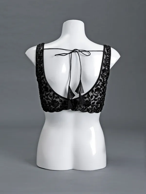 Black net sweetheart sleeveless blouse with beads