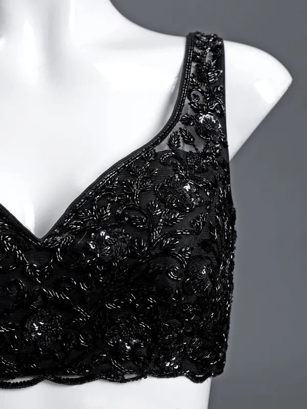 Black net sweetheart sleeveless blouse with beads