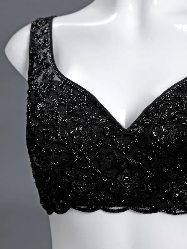 Black net sweetheart sleeveless blouse with beads
